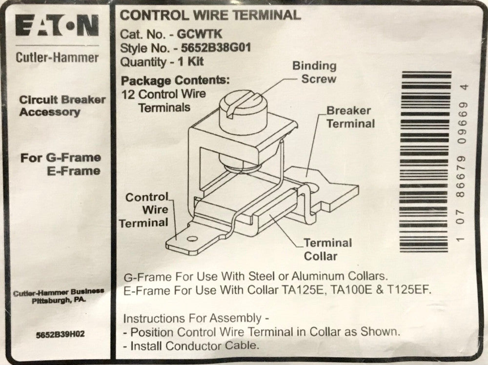 EATON CUTLER HAMMER GCWTK E&G Frame Circuit Breaker Terminal Kit 5652B38G01