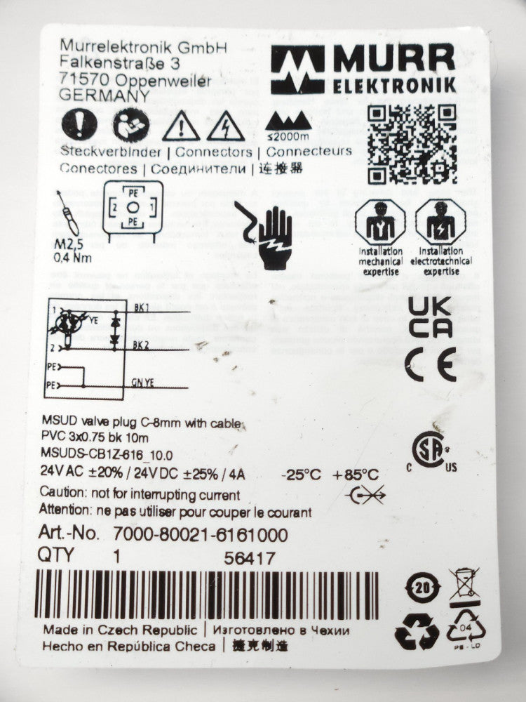 MURR ELEKTRONIK MSUDS CB1Z 616 10.0 24 VAC VDC MSUD Valve Plug Cable 7000 80021
