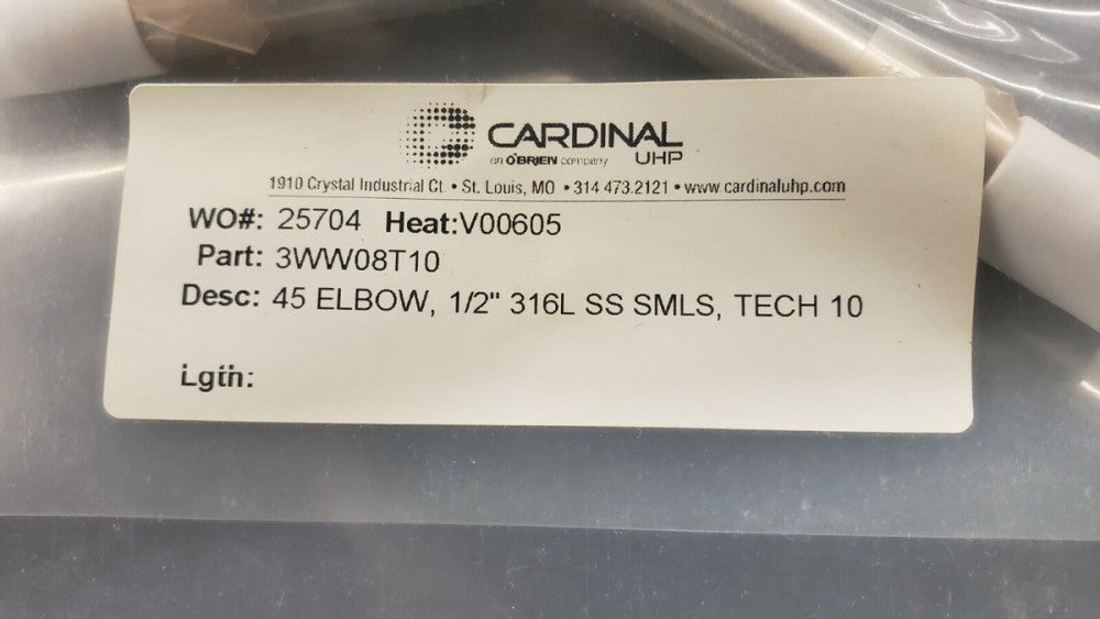 New, Cardinal, 3WW08T10, Tubular Fitting, Elbow 45, 1/2" 316L, SS, SMLS