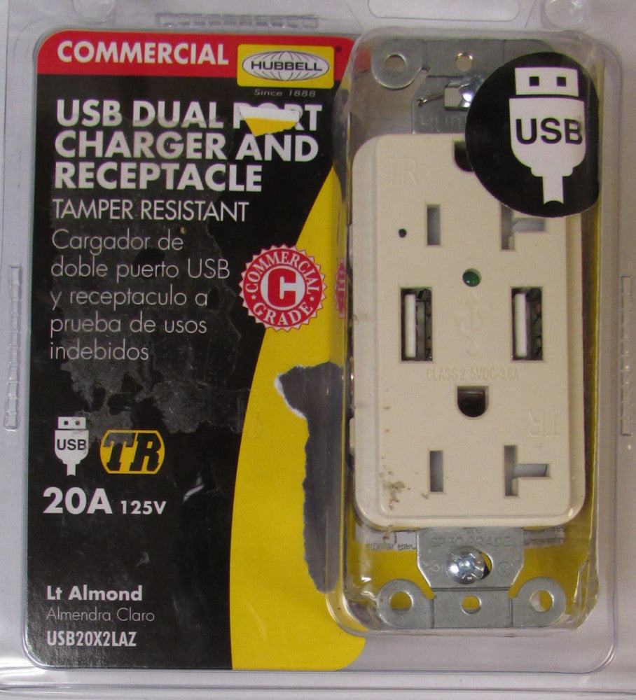HUBBELL USB20XLAZ 20 Amp 125V USB Dual Port Charger Receptacle ALMOND