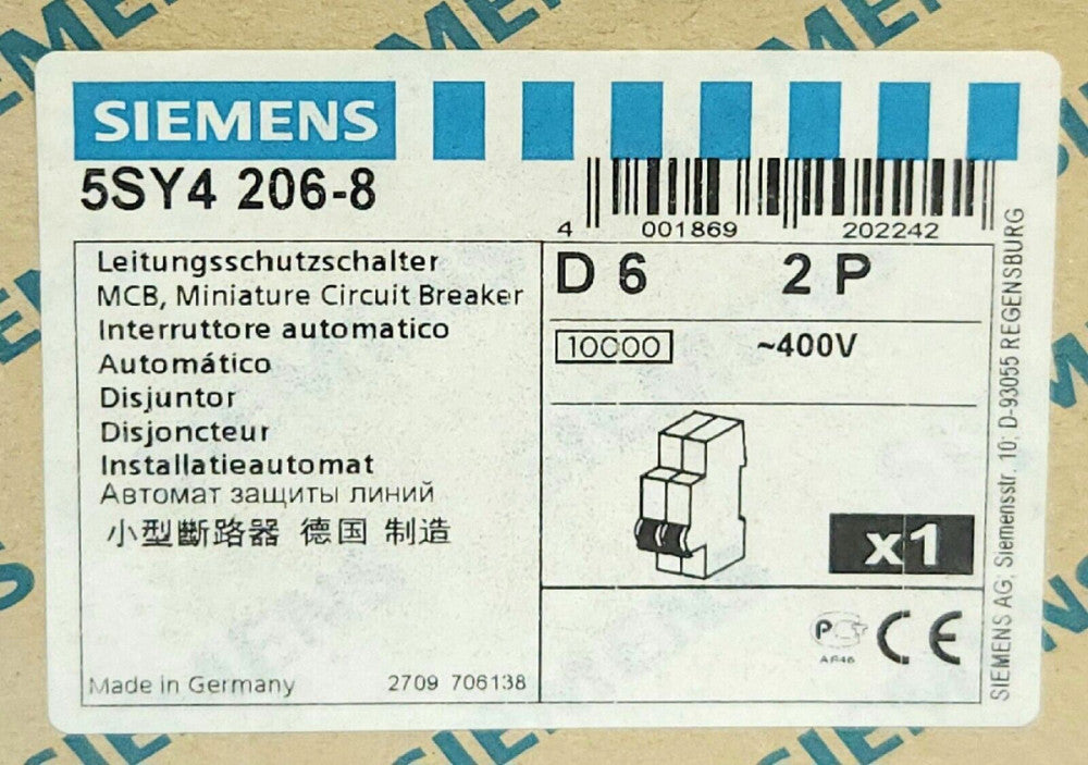 SIEMENS 5SY4 206-8 2 Pole 6 AMP Miniature Circuit Breaker