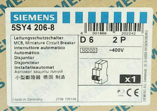 SIEMENS 5SY4 206-8 2 Pole 6 AMP Miniature Circuit Breaker