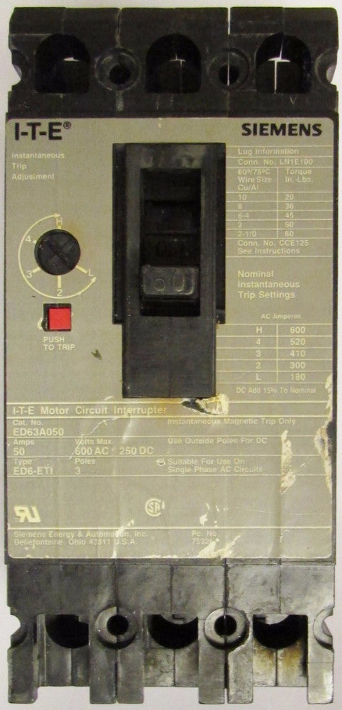 SIEMENS ED63A050 3 Pole 50 Amp ED6 ETI Motor Circuit Interrupter 
