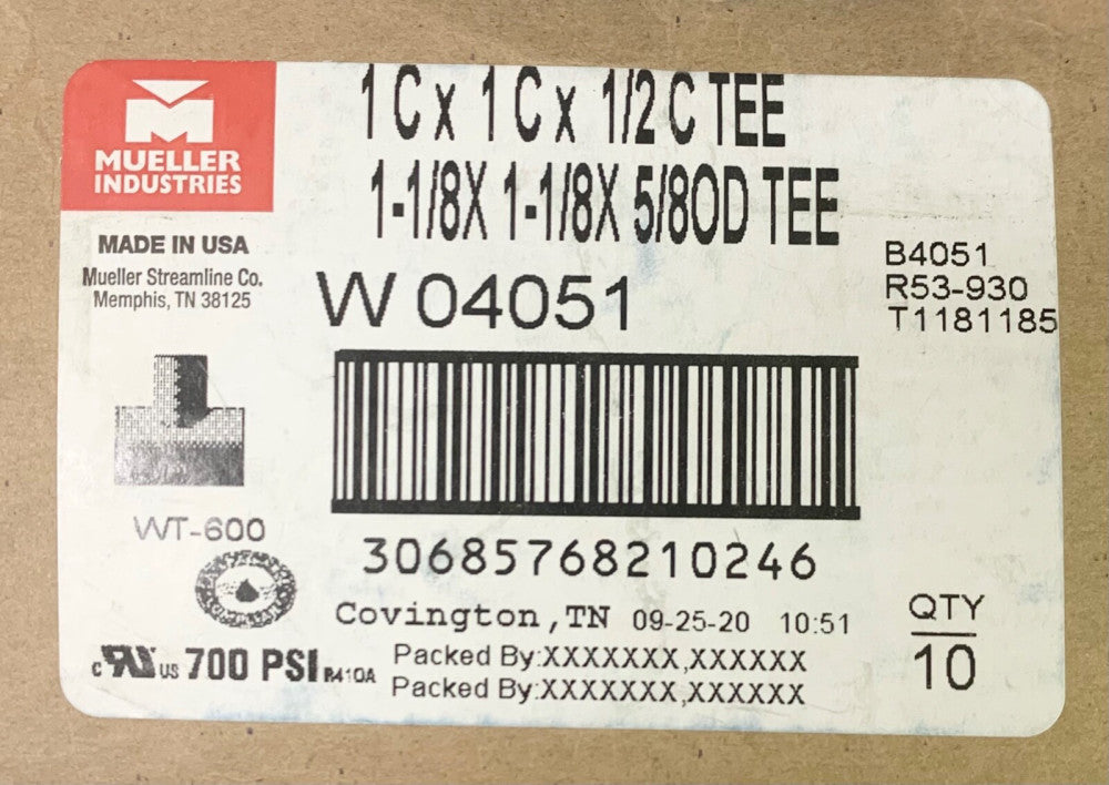 MUELLER  1C X 1C X 1/2 C TEE 1 - 1/8 x 1 - 1/8 x 5/8 OD TEE 1x1x1/2 WT-600