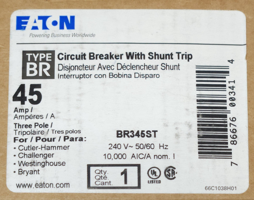 EATON CUTLER HAMMER BR345ST 3 Pole Type BR 240V 45 AMP Circuit Breaker w/ Shunt