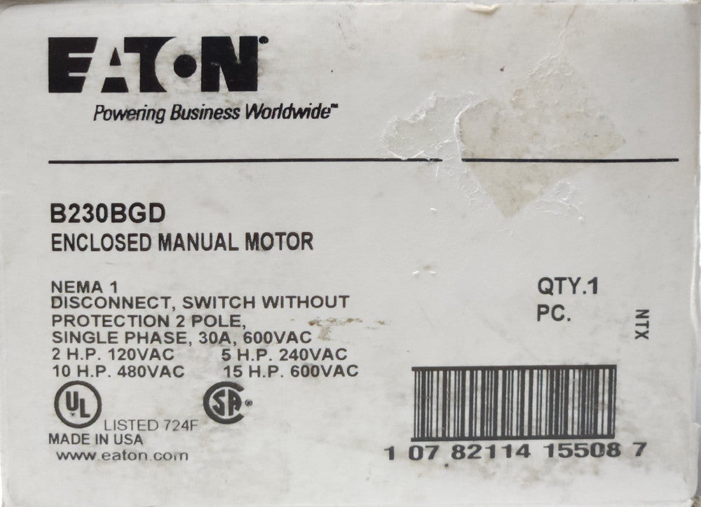 EATON B230BGD Enclosed Manual Starter B230BND Disconnect Switch 2 Pole 30 AMP