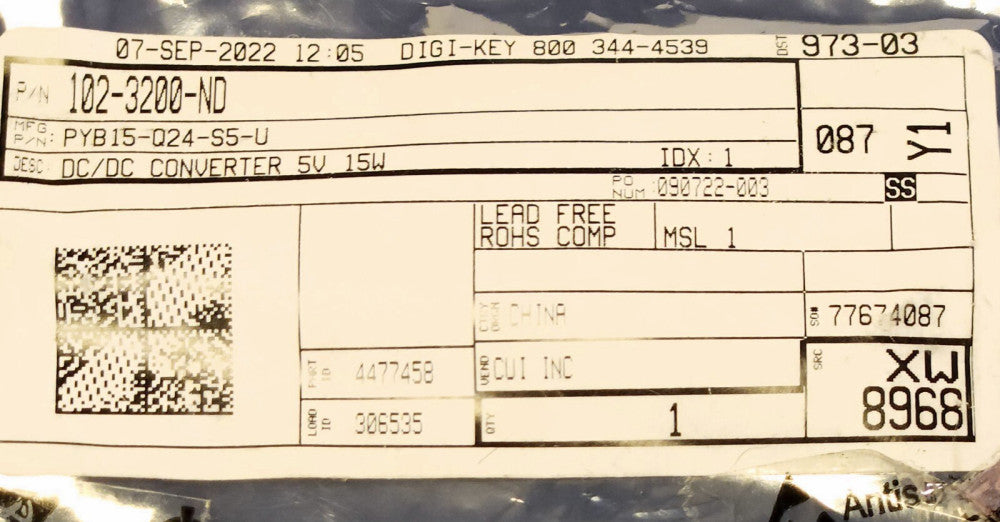 CUI INC PYB15 Q25 S5 U DIGI KEY 102 3200 ND DC to DC Converter Input 9-36 VDC