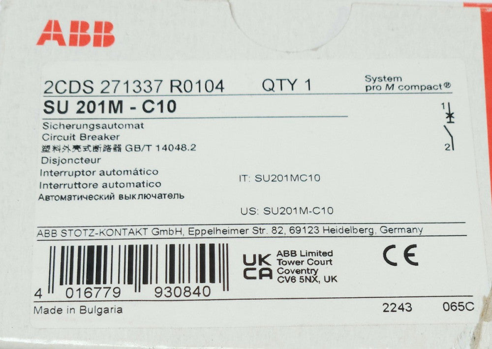 ABB SU 201M C10 Miniature Circuit Breaker 10 AMP 277 V Single Pole