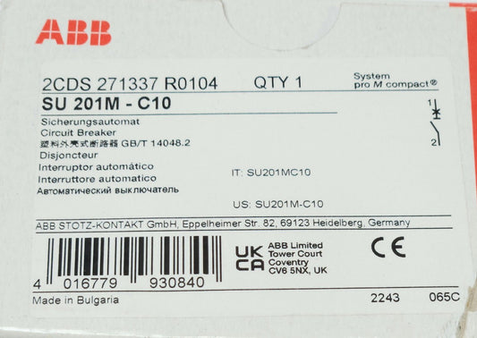 ABB SU 201M C10 Miniature Circuit Breaker 10 AMP 277 V Single Pole