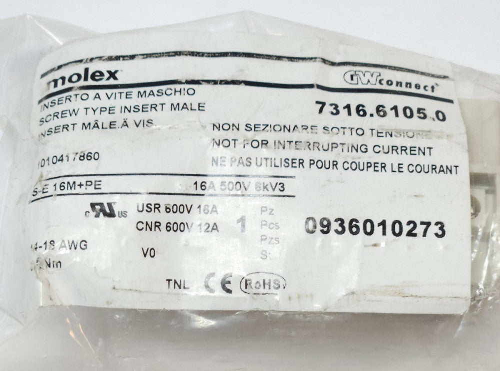 MOLEX 7316 6105 0 16 Pin Male Connector 14-18 AWG/0.5NM 16A 500V 6KV3
