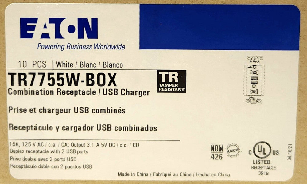 CASE BOX OF 10 EATON ARROW HART TR7755 Duplex Receptacle W/ 3.1 AMP USB Charger