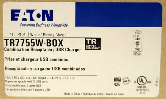 CASE BOX OF 10 EATON ARROW HART TR7755 Duplex Receptacle W/ 3.1 AMP USB Charger