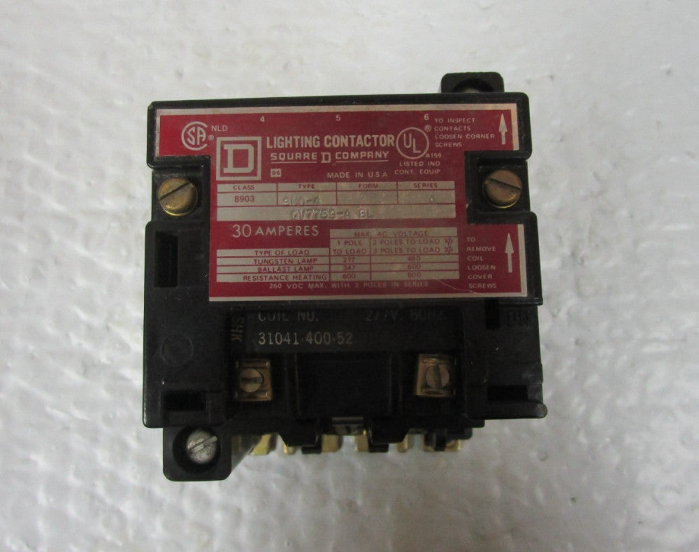Square D 8903 SMO-4 Contactor Ser A 277V Coil 30A amp 8903SMO4