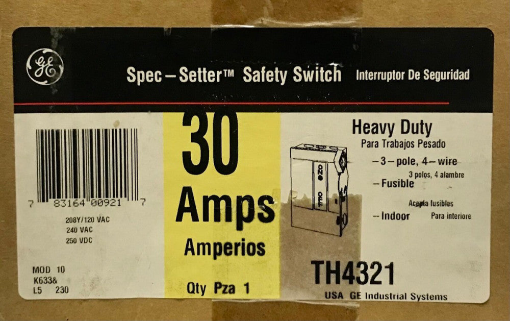GENERAL ELECTRIC TH4321 30 AMP Heavy Duty Safety Switch 3 Pole 4 Wire Nema 1 