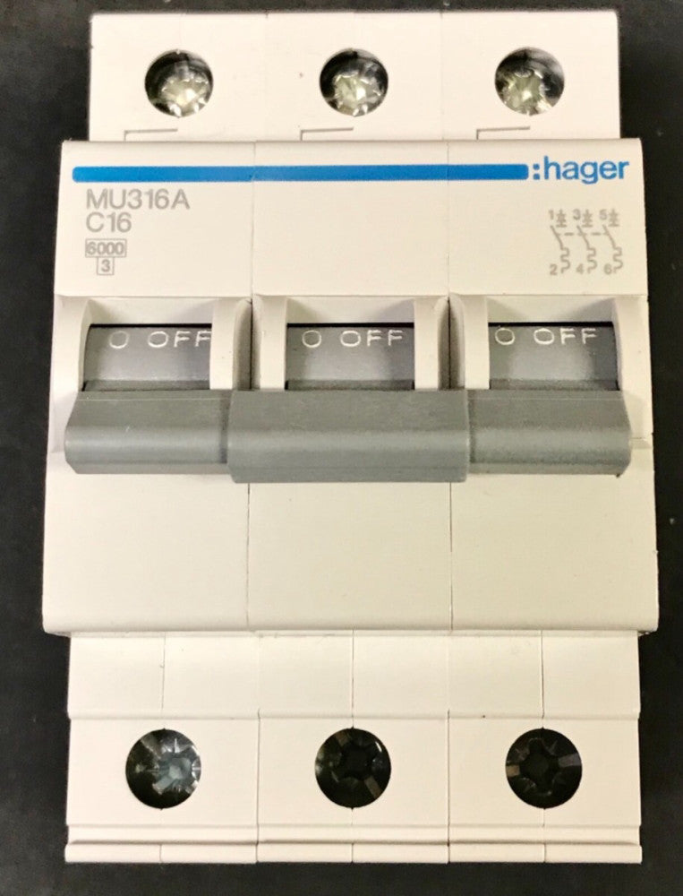 HAGER MU316A 3 Pole 16 AMP C16 6 KA Circuit Breaker 451733