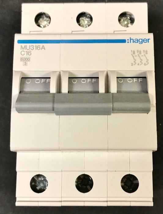 HAGER MU316A 3 Pole 16 AMP C16 6 KA Circuit Breaker 451733