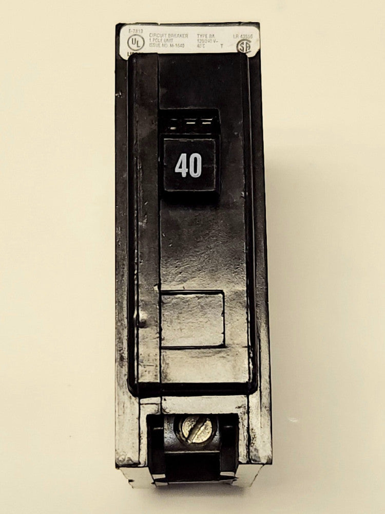 EATON CUTLER HAMMER BAB1040 Single Pole 40 AMP Type BA Bolt In Circuit Breaker
