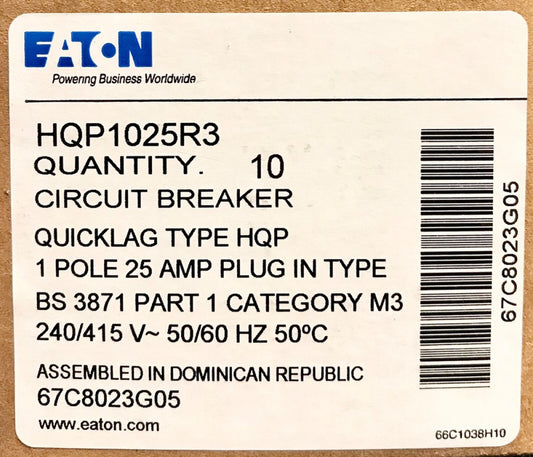 BOX OF 10 EATON CUTLER HAMMER HQP1025R3 25 AMP Type HQP BS3871 Circuit Breaker