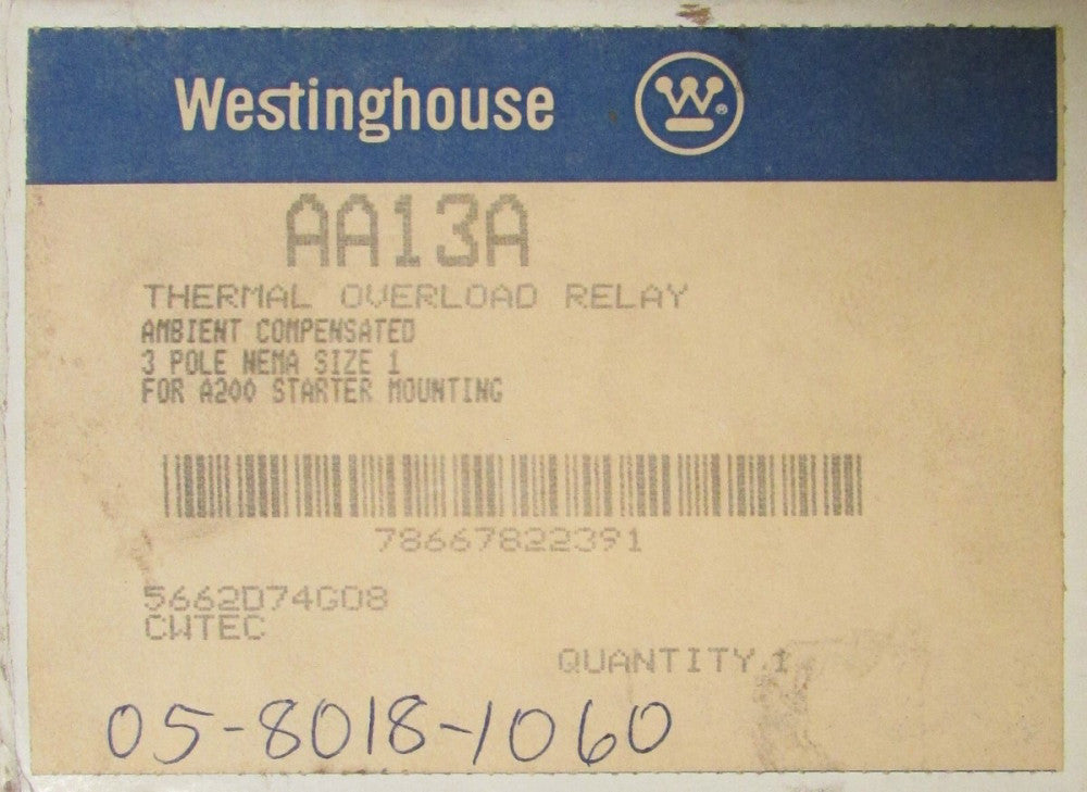 WESTINGHOUSE CUTLER HAMMER AA13A 1 A200 Starter Mount Overload Relay 5662D74G08