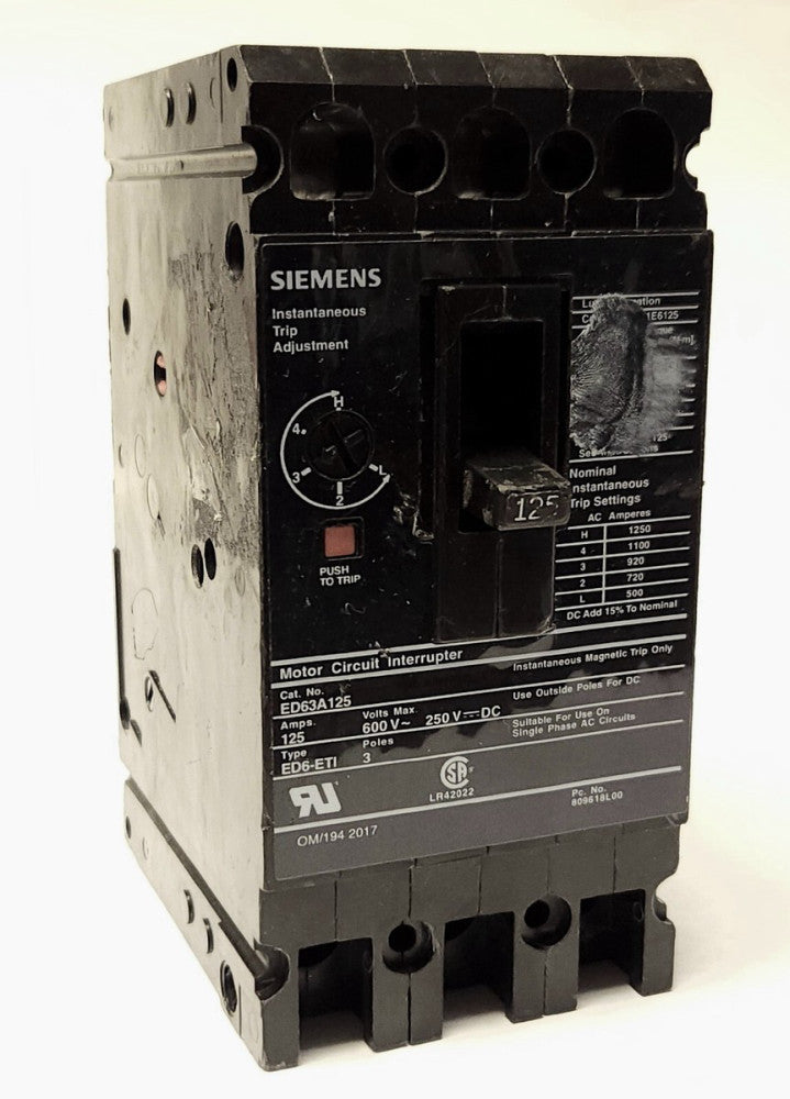 SIEMENS ED63A125 3 Pole 125 AMP Type ED6 ETI Motor Circuit Interrupter