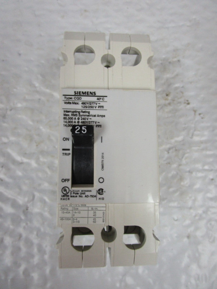 Siemens CQD225 Circuit Breaker 25A AMP 277/480Vac 2 POLE