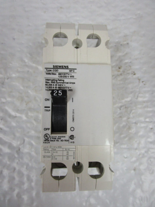 Siemens CQD225 Circuit Breaker 25A AMP 277/480Vac 2 POLE