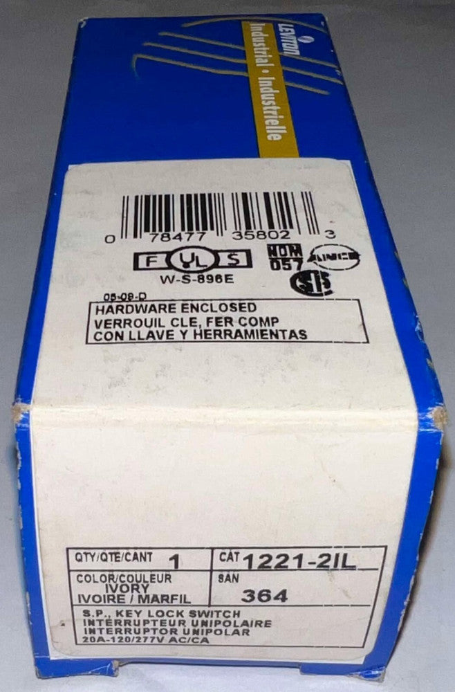 LEVITON 1221 2IL Ivory SP Key Lock Switch 20 Amp 120V