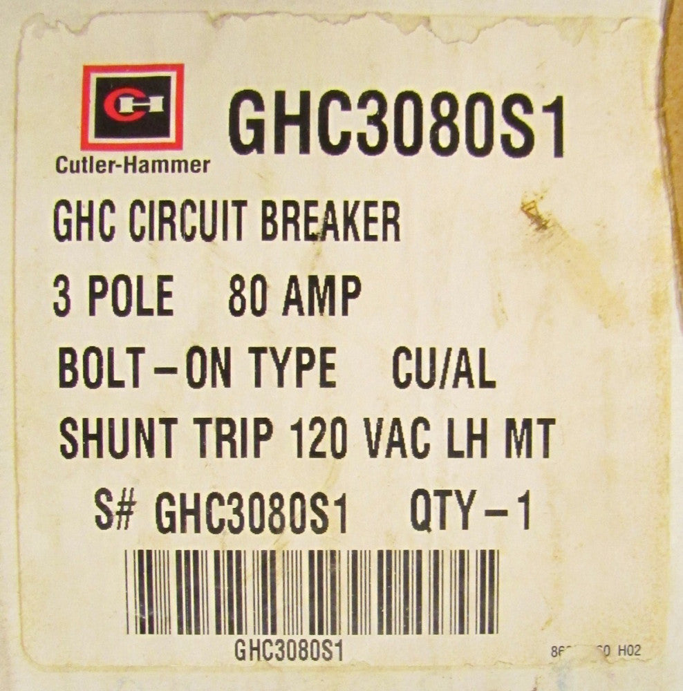CUTLER HAMMER GHC Circuit Breaker 3 Pole 80 Amp 120VAC Shunt Trip GHC3080S1