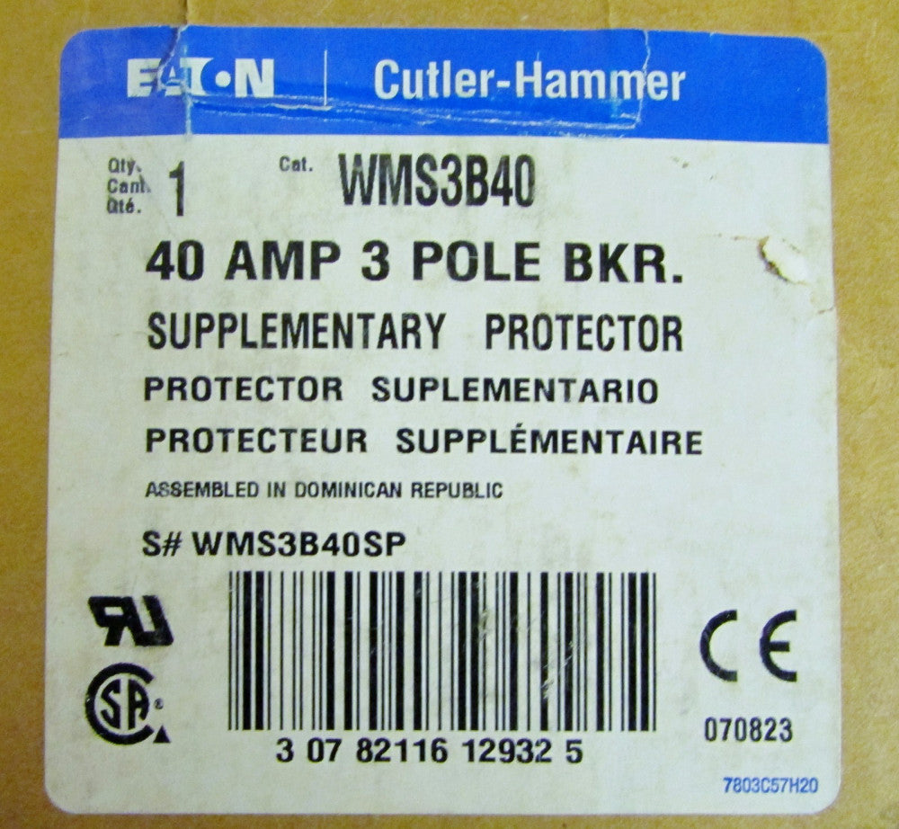 EATON CUTLER HAMMER WMS3B40 3 Pole 40 Amp Supplementary Protector