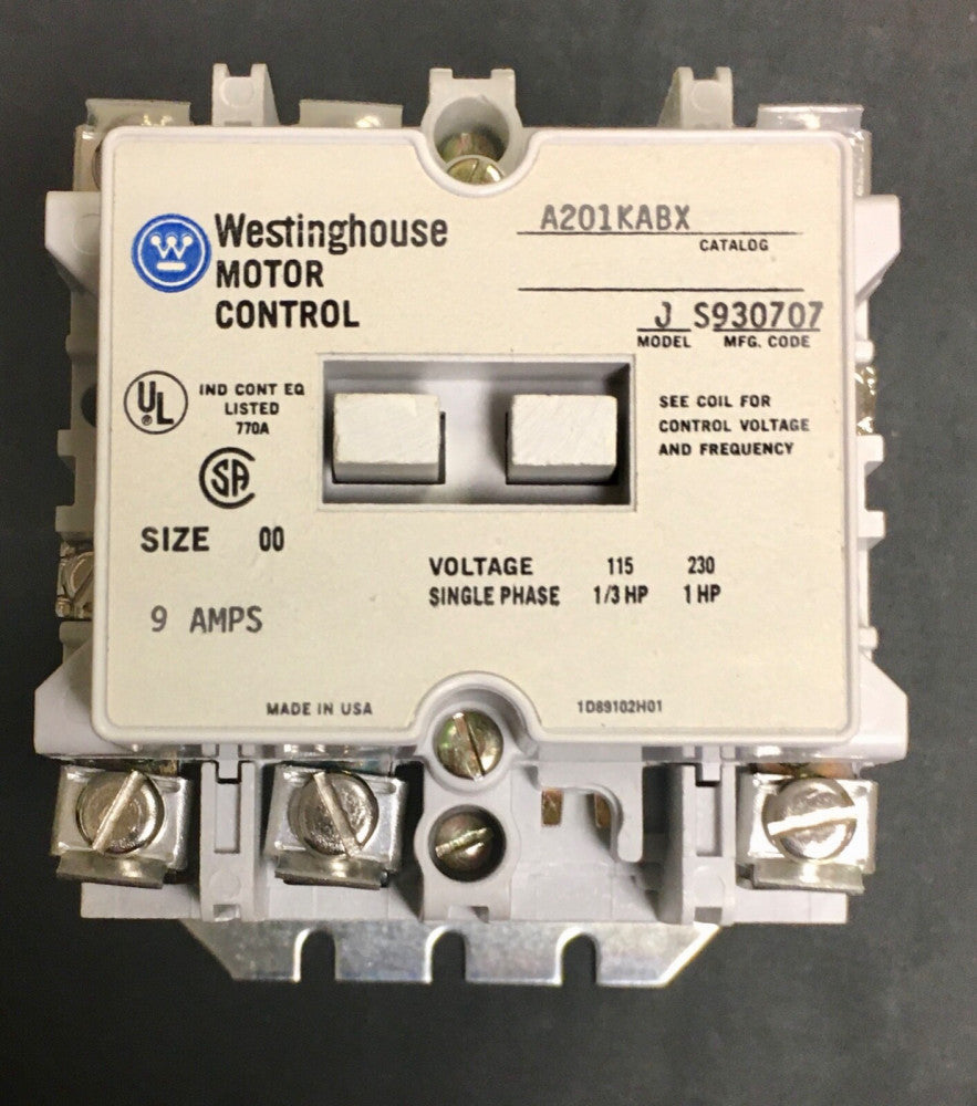 WESTINGHOUSE A201KABX 440 480 Size 00 A200 Contactor 9 AMP Model J 2 Pole