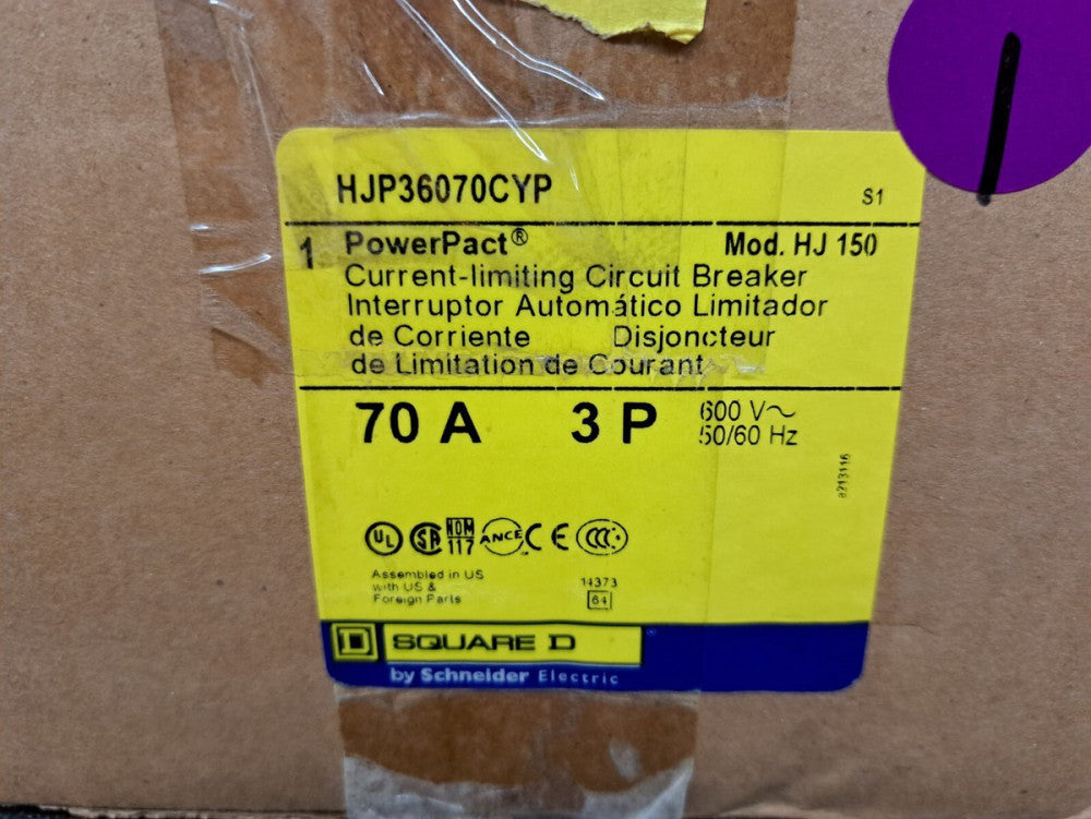 New, Square D, HJP36070CYP, 70A, 600V, 3 POLE CIRCUIT BREAKER