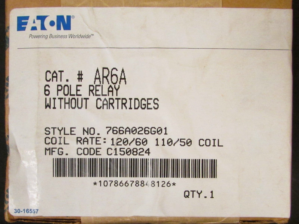 EATON CUTLER HAMMER AR6A 110/120V 6 Pole Relay 766A026G01 (Without Cartridges) 