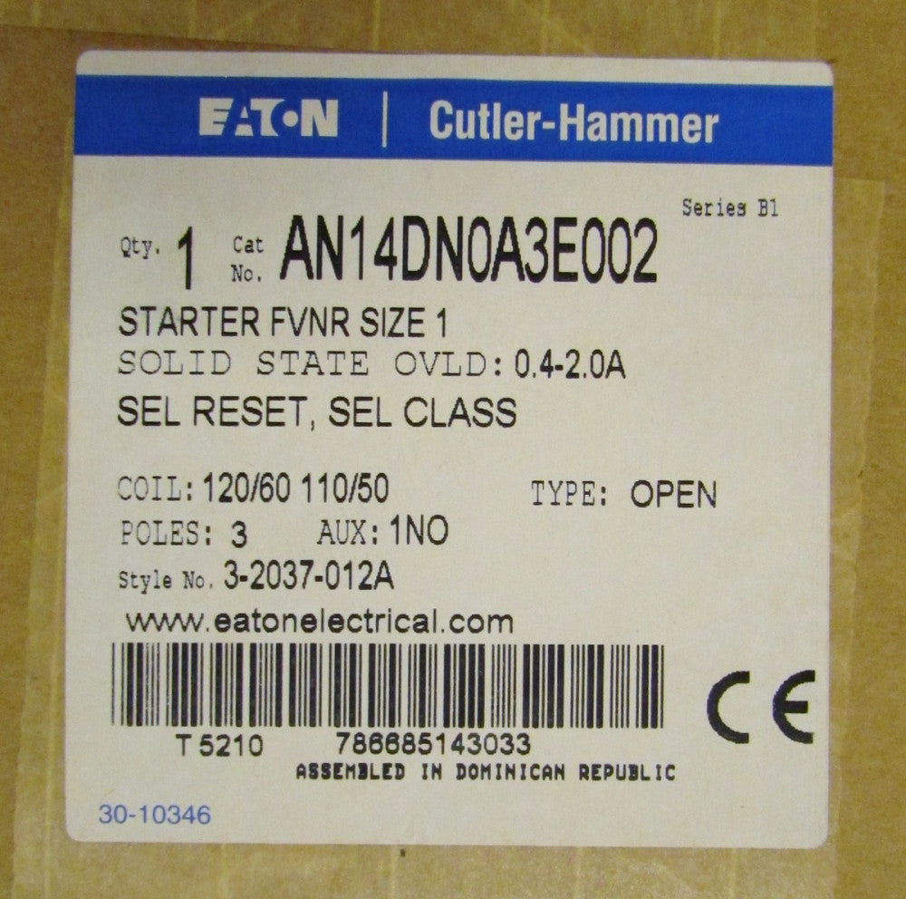 EATON CUTLER HAMMER AN14DN0A3E002 110/120V Size 1 Starter .4-2Amp Overload Relay