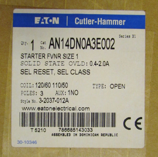 EATON CUTLER HAMMER AN14DN0A3E002 110/120V Size 1 Starter .4-2Amp Overload Relay