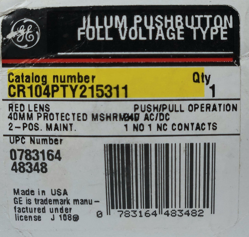 GENERAL ELECTRIC CR104PTY215311 RED Illuminated Push Pull Emergency STOP Pushbut