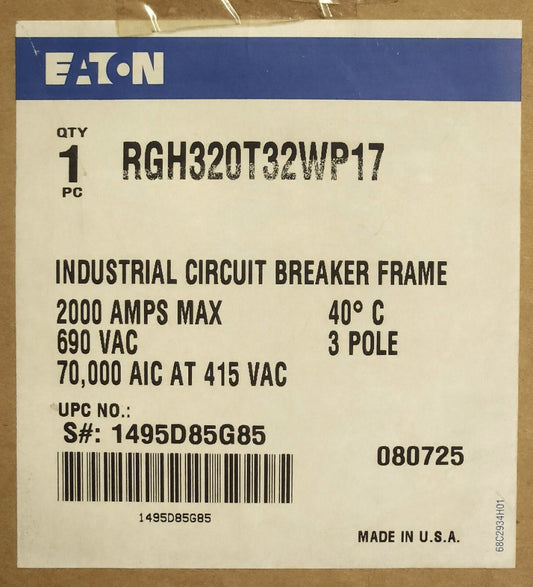 EATON RGH320T32W P17 3 Pole 2000 AMP Type RGH 70K Circuit Breaker RES2000LSI