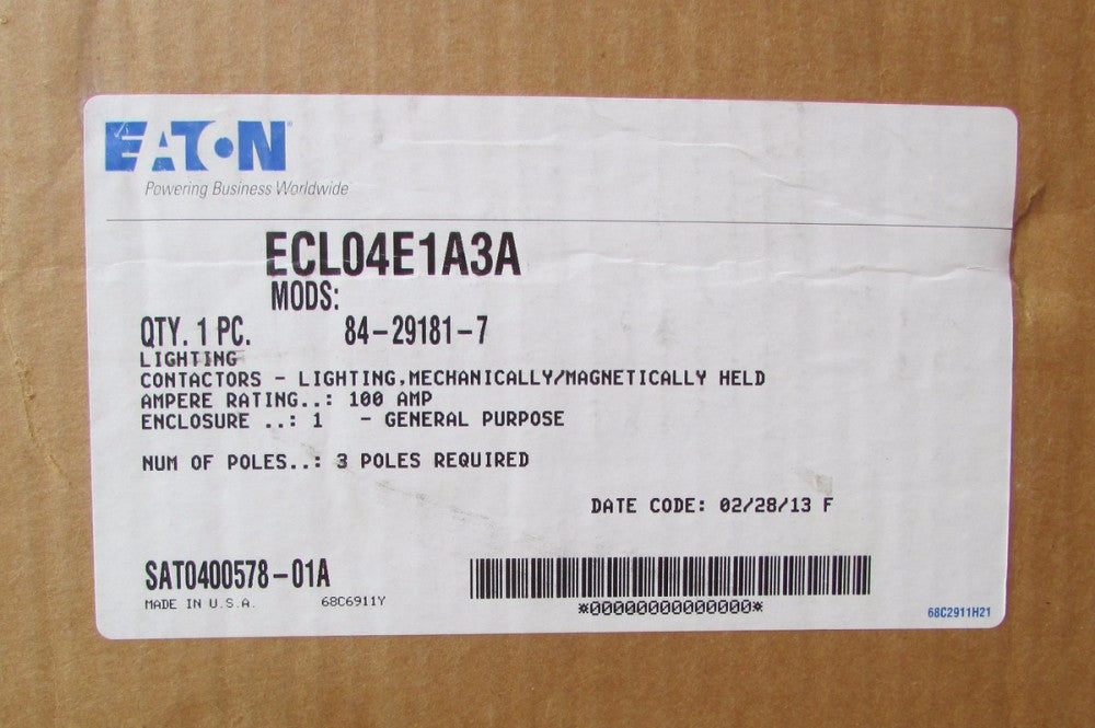 EATON CUTLER HAMMER ECL04E1A3A 100 Amp Lighting Contactor 84 29181 7   
