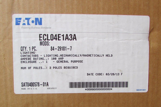 EATON CUTLER HAMMER ECL04E1A3A 100 Amp Lighting Contactor 84 29181 7   