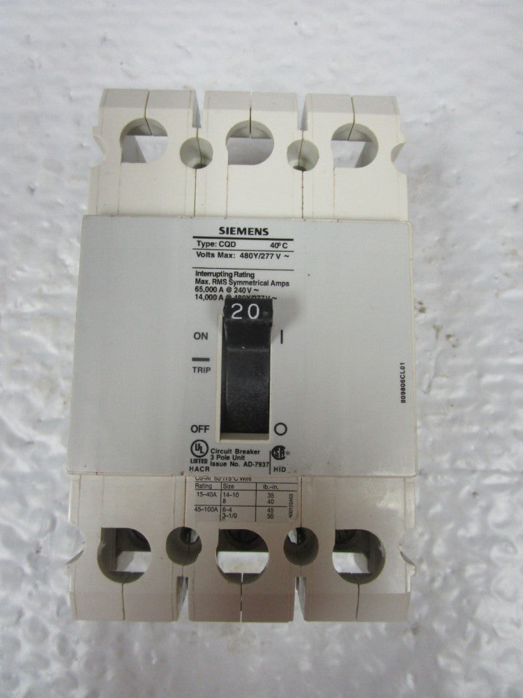 Siemens CQD320 Circuit Breaker 20A AMP 480Y/277Vac 3 POLE