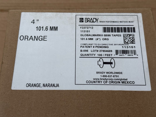 Brady 113151 Globalmark B595 Tape Vinyl Labels 4" x 100' Orange - New