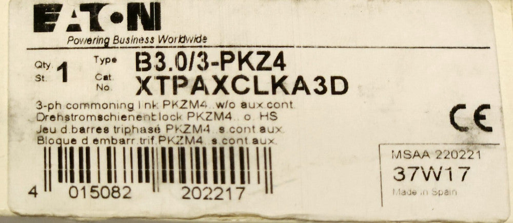 EATON MOELLER XTPAXCLKA3D 3 Phase PKZM4 Busbar Commoning Link B3.0/3 PKZ4