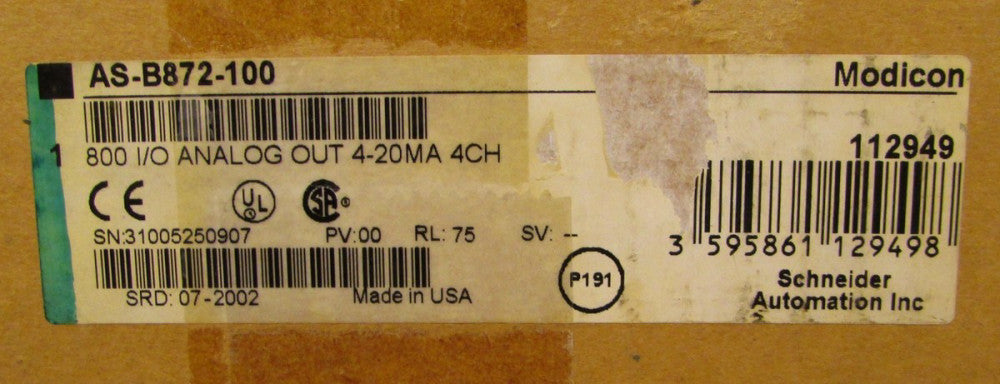 SCHNEIDER MODICON AS B872 100 800 I/O Analog Output Module 4-20MA 4CH