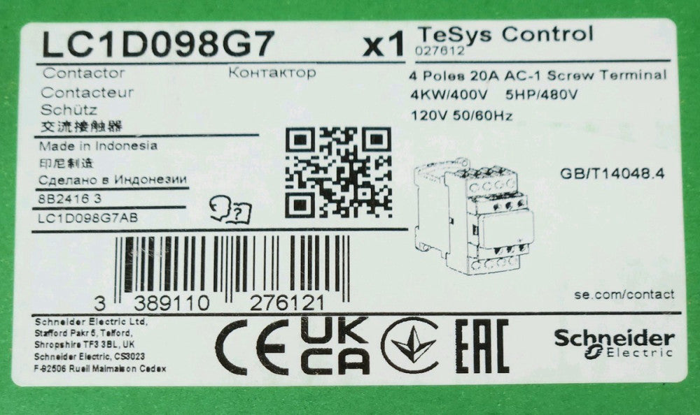 SCHNEIDER ELECTRIC LC1D098G7 4 Pole 20 AMP 4KW 120 VAC Tesys 027612 Contactor