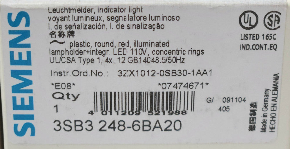 SIEMENS 3SB3 248 6BA20 RED LED Illuminated Indicator Light 110 120 VAC