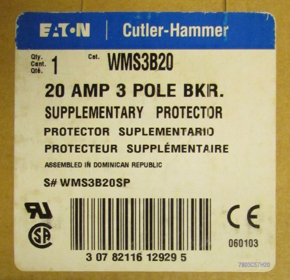 EATON CUTLER HAMMER Supplementary Protector Breaker 3 Pole 20 Amp WMS3B20