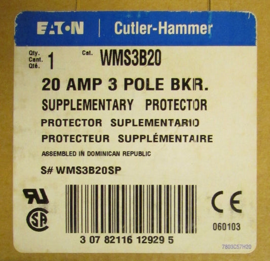 EATON CUTLER HAMMER Supplementary Protector Breaker 3 Pole 20 Amp WMS3B20