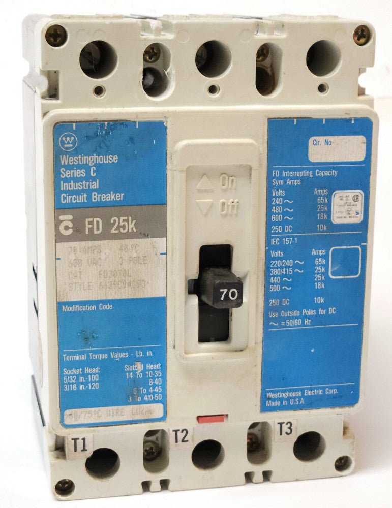 WESTINGHOUSE CUTLER HAMMER FD3070 3 Pole 70 AMP Type FD Circuit Breaker