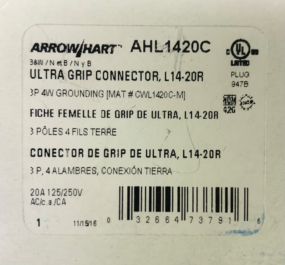 EATON ARROW HART AHL1420C 20 AMP 125 250 VAC Cord Connector L14-20R 