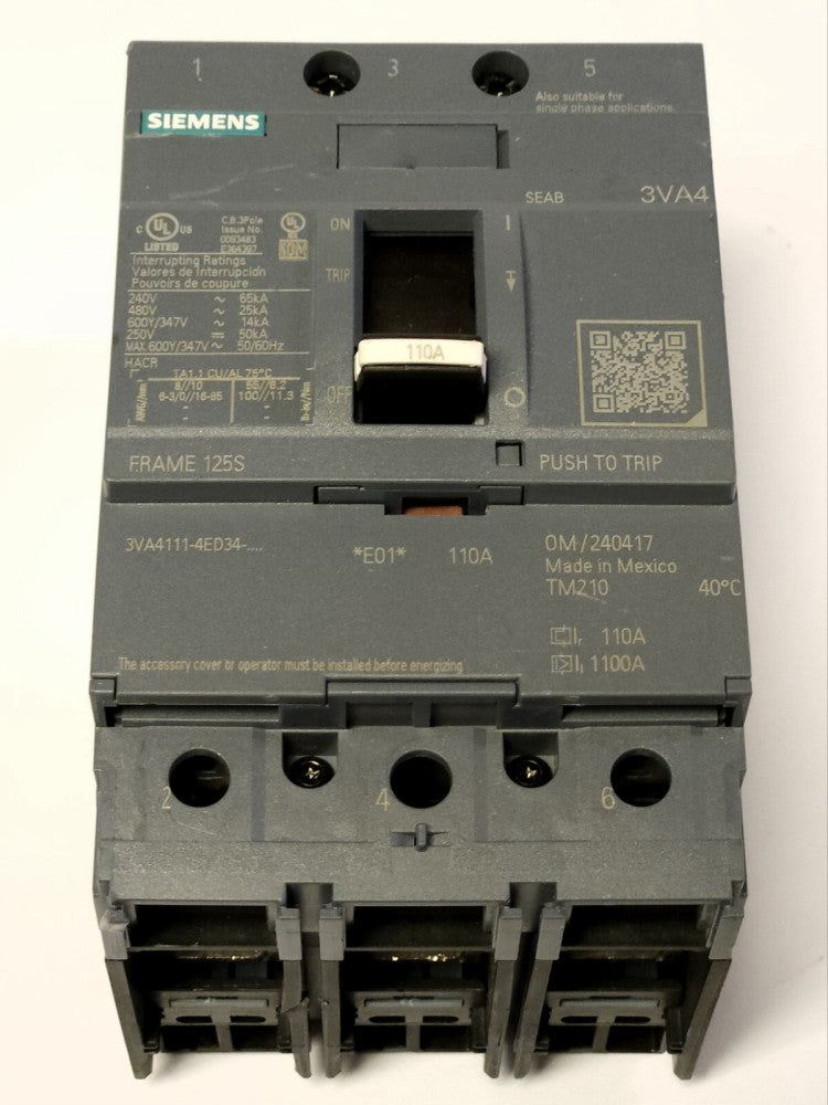 SIEMENS 3VA411 4ED34 0AA0 3 Pole 110 AMP 3VA4 FRAME 125S