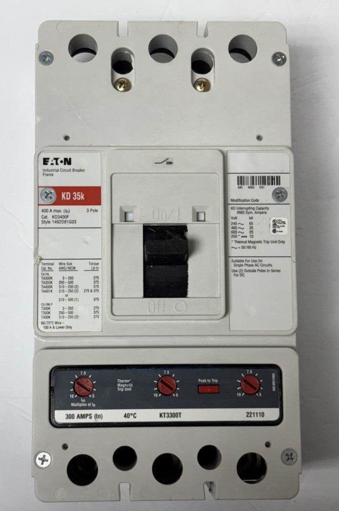 EATON CUTLER HAMMER KD3300 3 Pole 300 AMP Type AMP KD Circuit Breaker